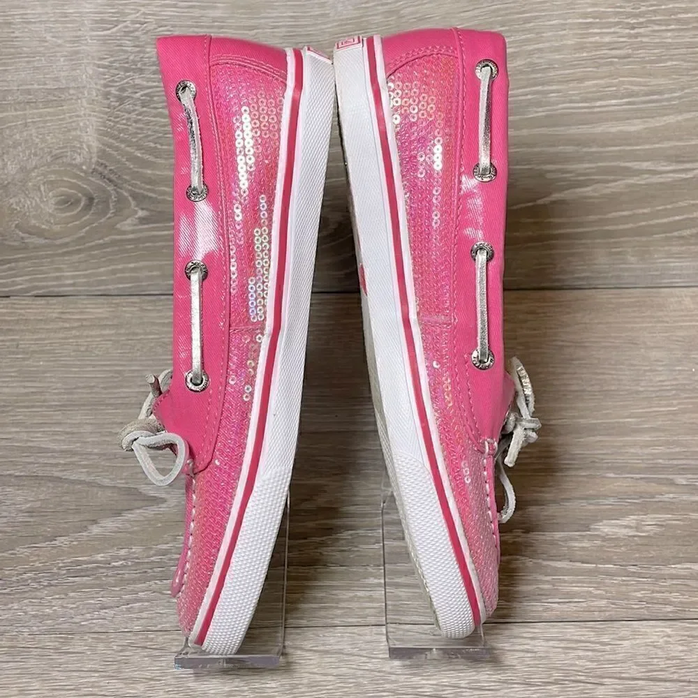 Sperry Top Sider Bahama One Eye Big Girl Sz 5M Pink Sequin Slip On Boat Shoe